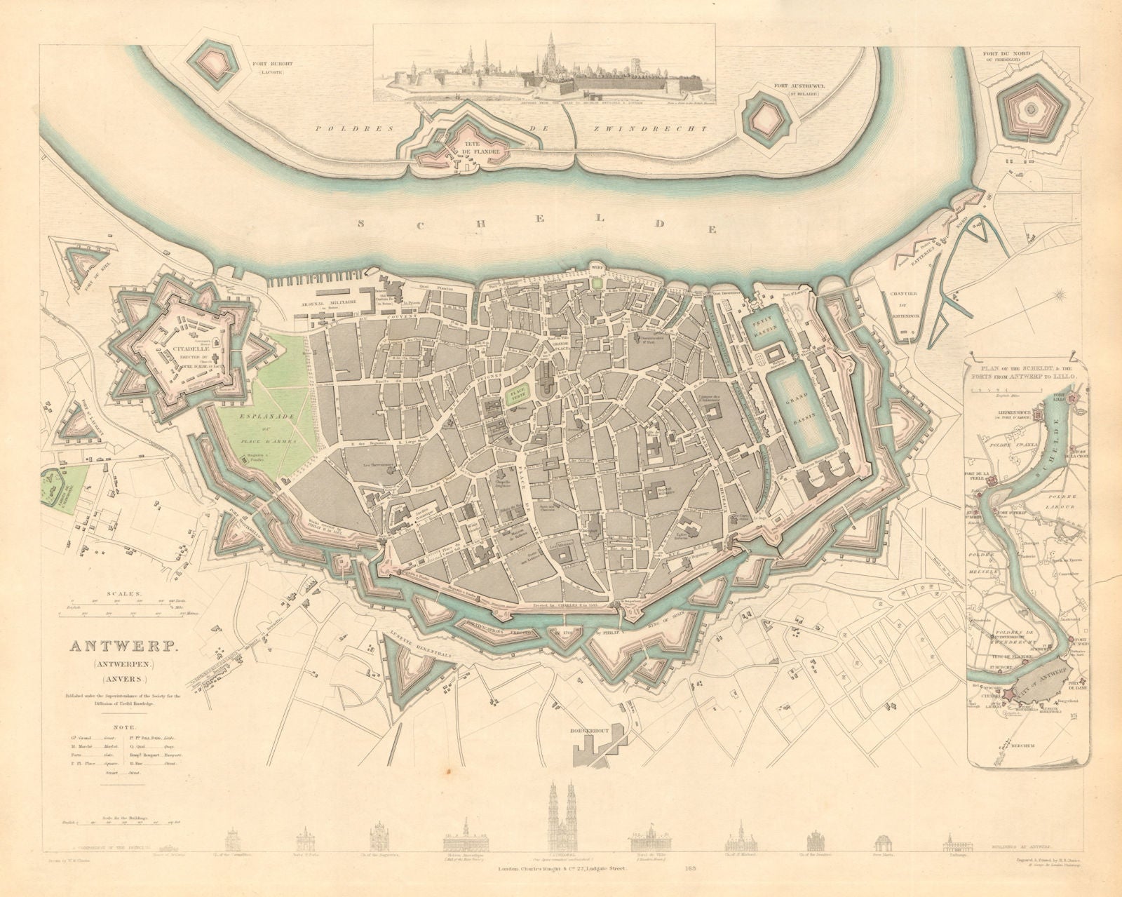 ANTWERP ANTWERPEN ANVERS. Town city map. Schelde forts Lillo. SDUK 1847